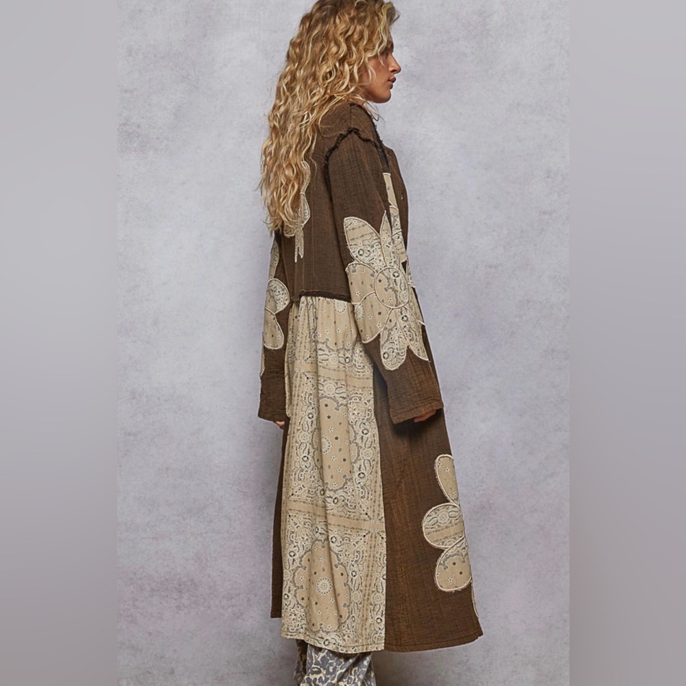 POL MoonShadow Oversized Brown Floral Patchwork Duster Jacket Studded Size Small - Picture 13 of 13